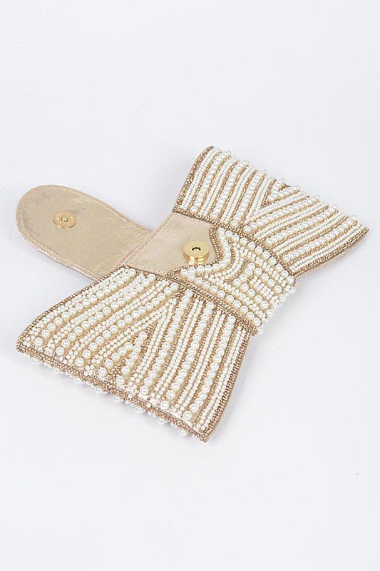 Faux Pearl Studded Bow Tie Clutch Bag - Demented Sisters