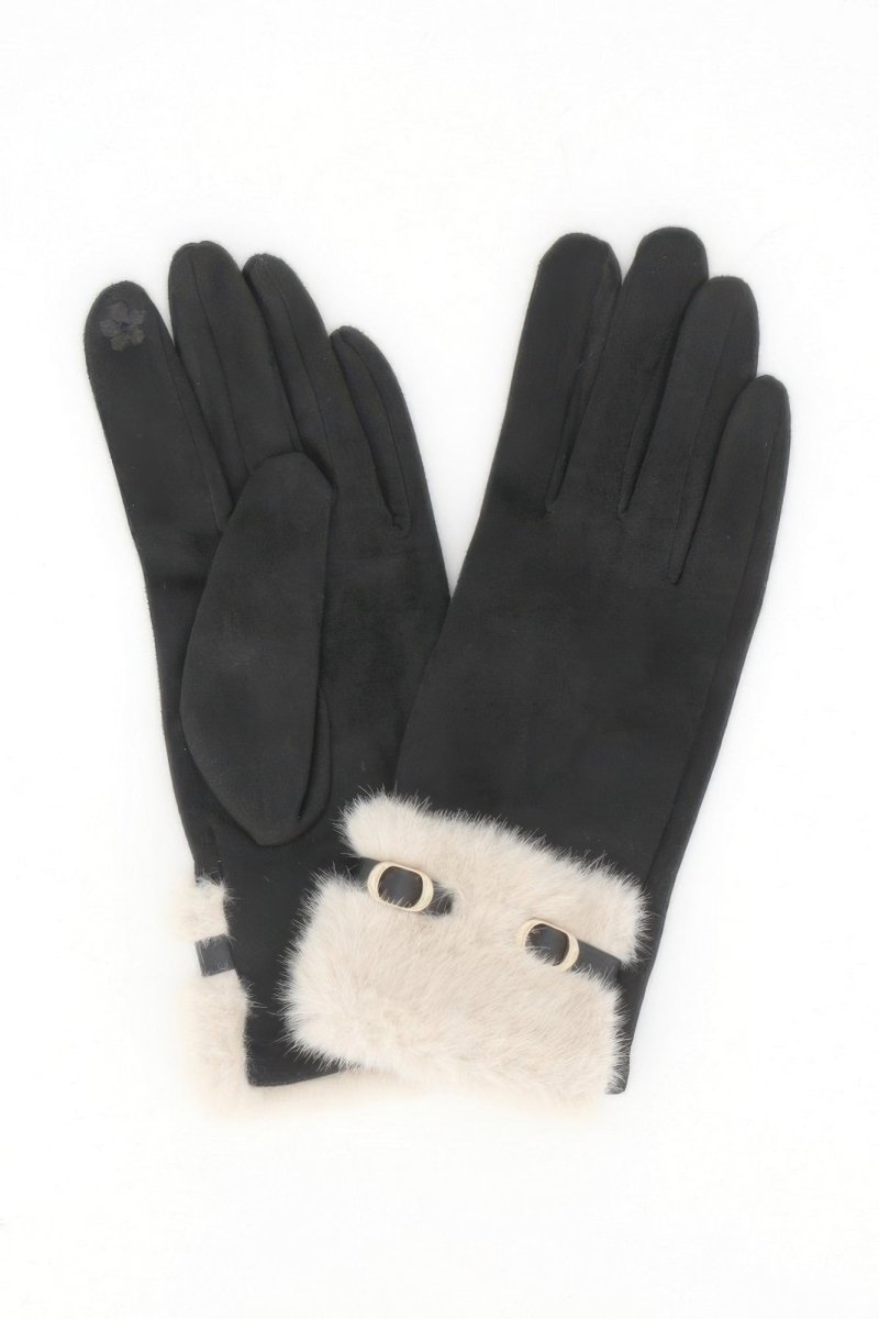 Faux Suede Touchscreen Gloves With Faux Fur Cuff & Buckle - Demented Sisters
