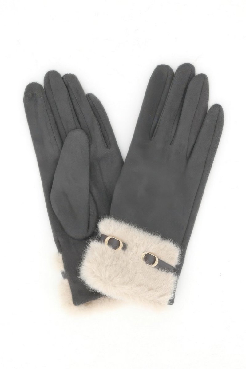 Faux Suede Touchscreen Gloves With Faux Fur Cuff & Buckle - Demented Sisters