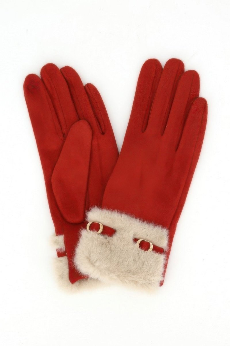 Faux Suede Touchscreen Gloves With Faux Fur Cuff & Buckle - Demented Sisters