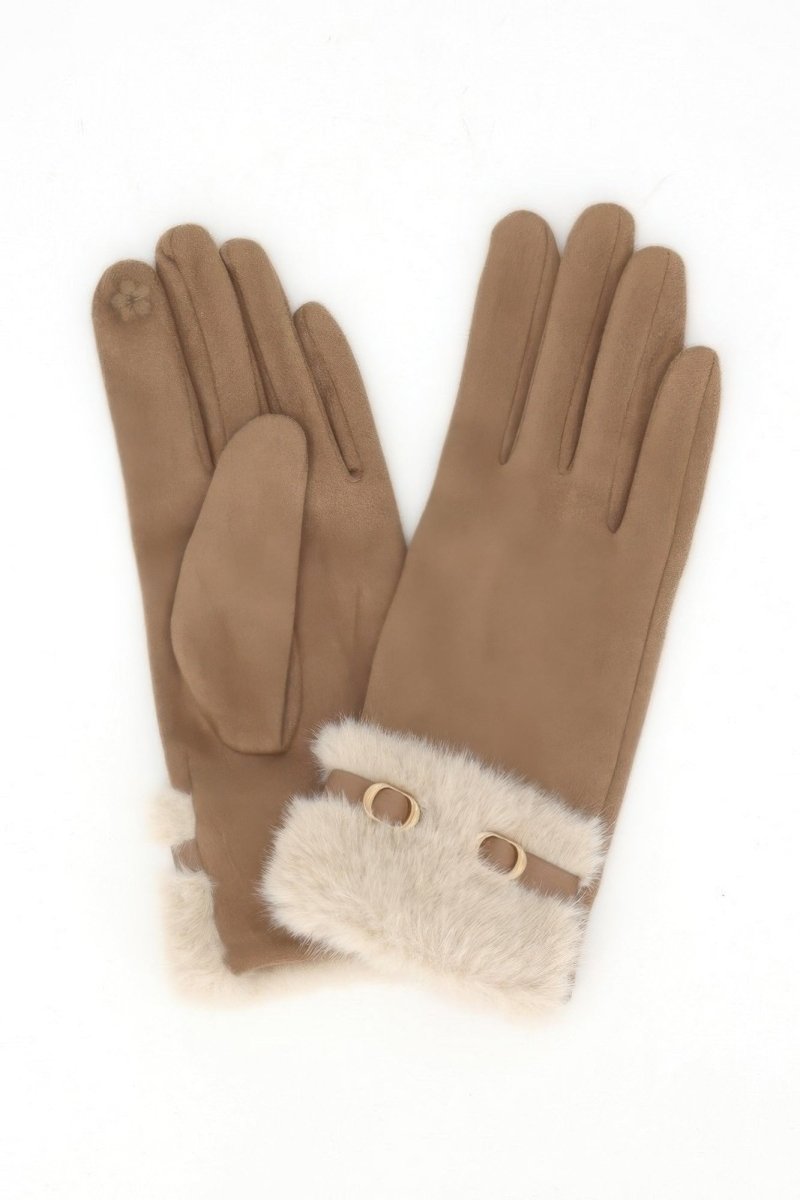 Faux Suede Touchscreen Gloves With Faux Fur Cuff & Buckle - Demented Sisters