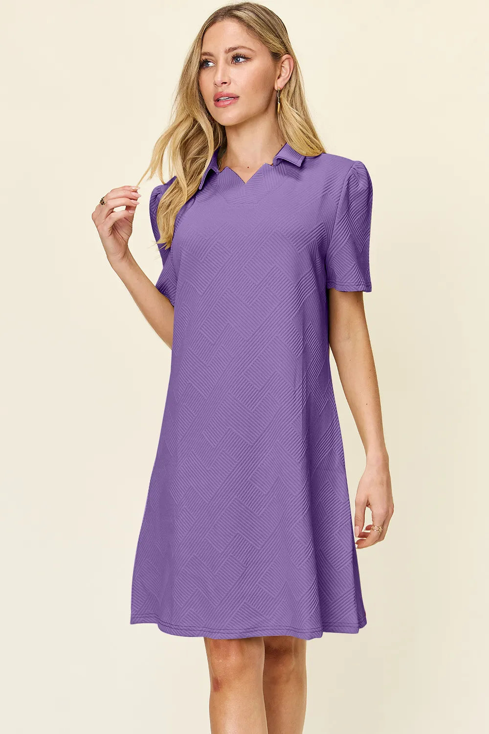 Double Take Full Size Texture Collared Neck Short Sleeve Dress - Demented Sisters