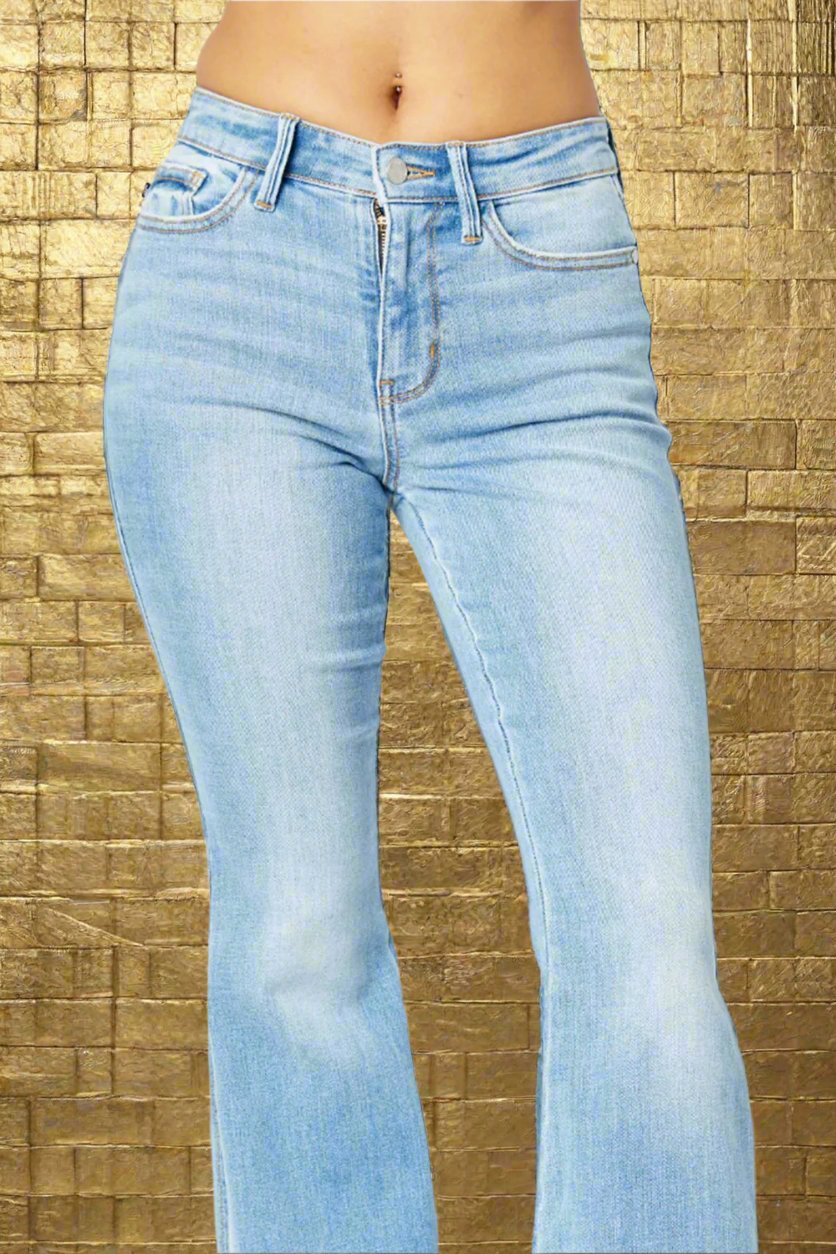 Judy Blue Full Size Mid Rise Raw Hem Slit Flare Jeans - Demented Sisters