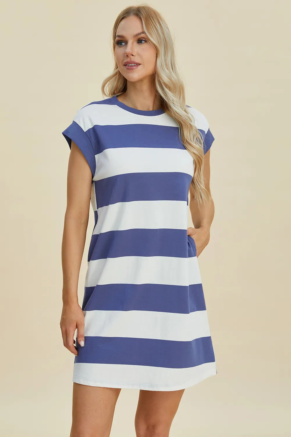 Basic Bae Full Size Striped Round Neck Cap Sleeve Mini Dress - Demented Sisters