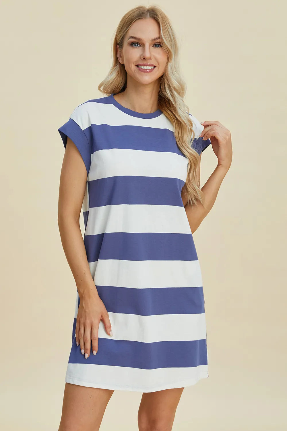 Basic Bae Full Size Striped Round Neck Cap Sleeve Mini Dress - Demented Sisters
