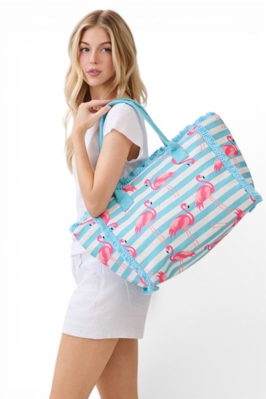 Flamingo Stripe Fringe Canvas Tote Bag - Demented Sisters