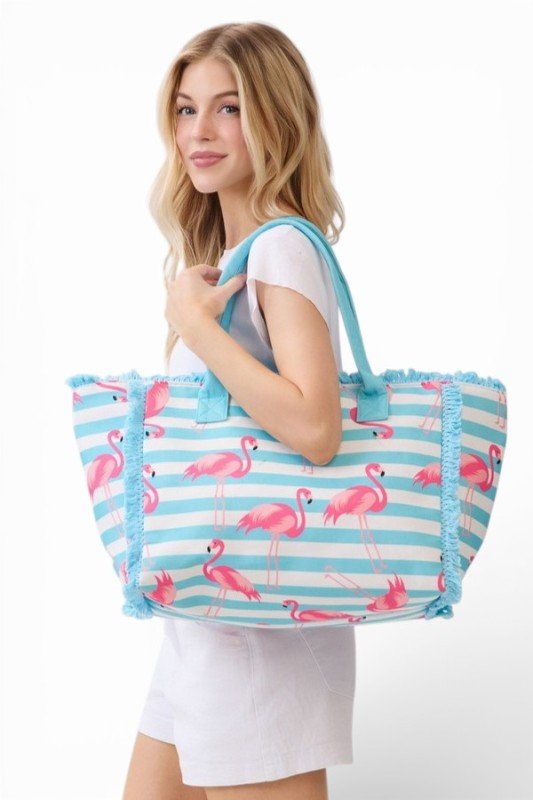 Flamingo Stripe Fringe Canvas Tote Bag - Demented Sisters