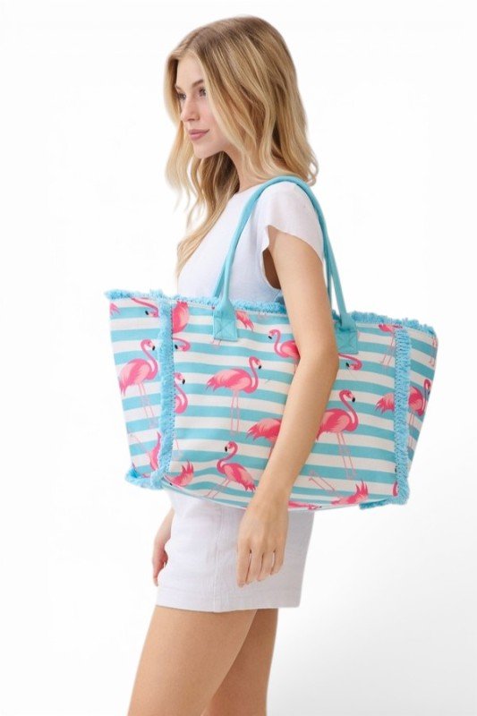 Flamingo Stripe Fringe Canvas Tote Bag - Demented Sisters