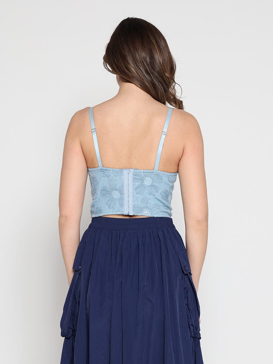 Floral Embroidered Denim Bustier Top - Demented Sisters