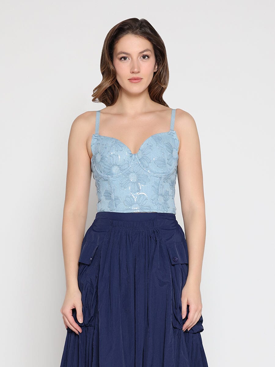 Floral Embroidered Denim Bustier Top - Demented Sisters