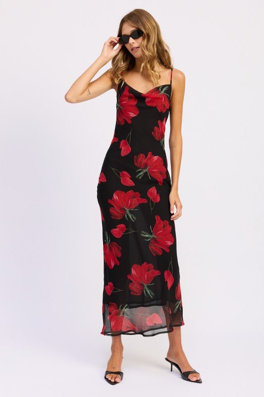 FLORAL PRINTED COWL NECK MAXI DRESS - Demented Sisters