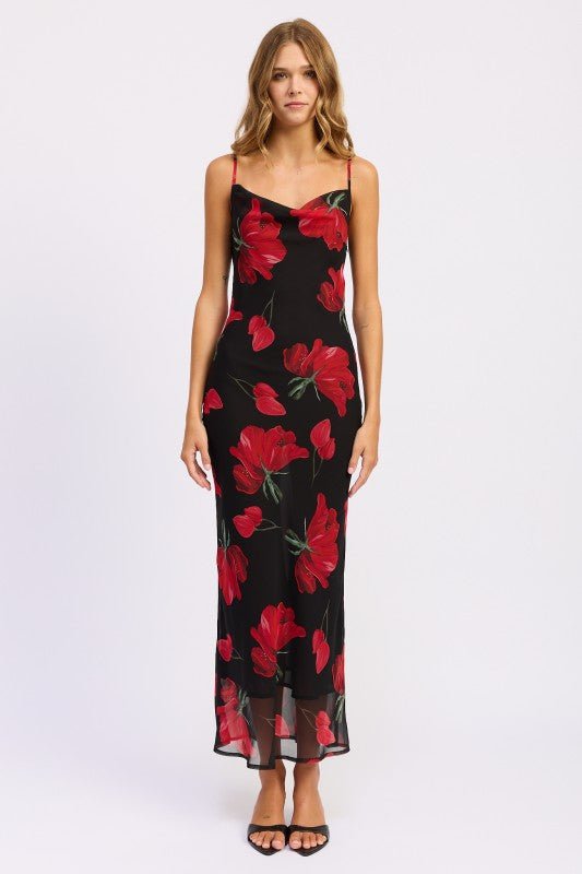 FLORAL PRINTED COWL NECK MAXI DRESS - Demented Sisters