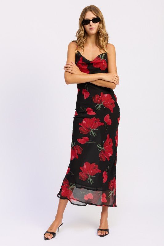 FLORAL PRINTED COWL NECK MAXI DRESS - Demented Sisters