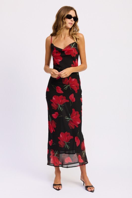 FLORAL PRINTED COWL NECK MAXI DRESS - Demented Sisters