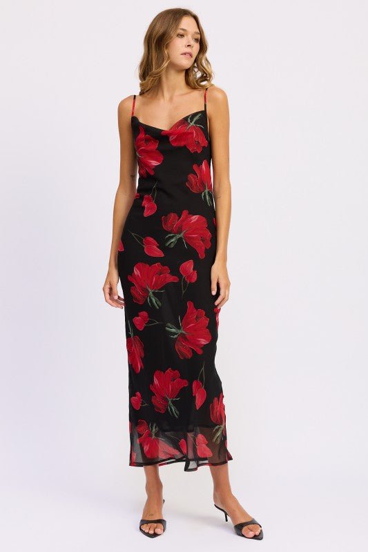 FLORAL PRINTED COWL NECK MAXI DRESS - Demented Sisters