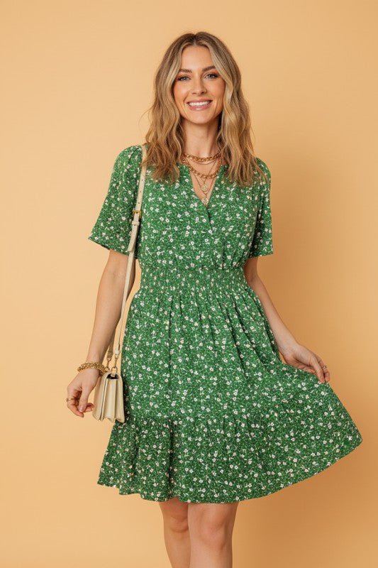 Floral Wrap V - Neck Short Sleeve Mini Dress - Demented Sisters