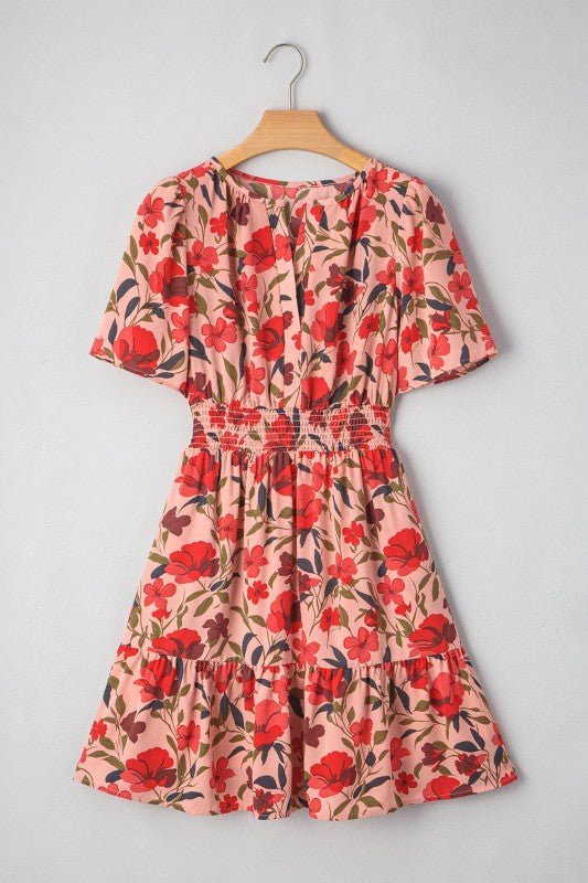 Floral Wrap V - Neck Short Sleeve Mini Dress - Demented Sisters