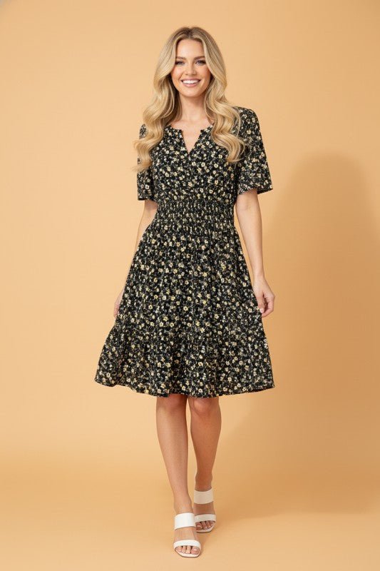 Floral Wrap V - Neck Short Sleeve Mini Dress - Demented Sisters