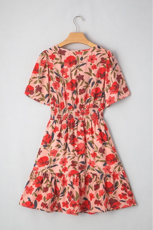 Floral Wrap V - Neck Short Sleeve Mini Dress - Demented Sisters