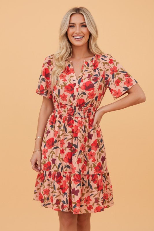 Floral Wrap V - Neck Short Sleeve Mini Dress - Demented Sisters