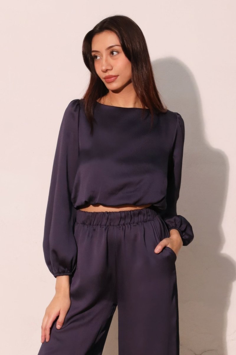 Hammered Satin Long Sleeve Crop Top - Demented Sisters