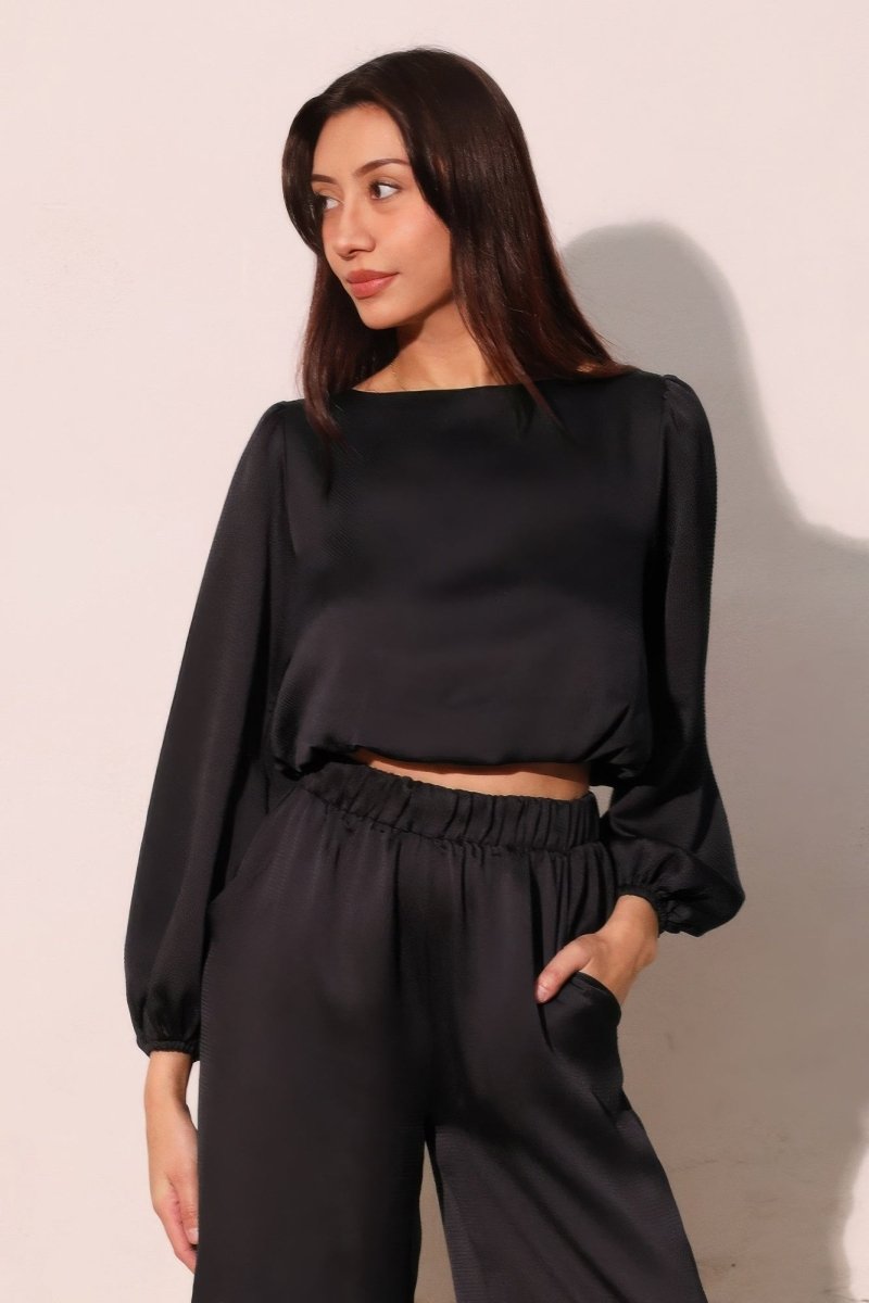 Hammered Satin Long Sleeve Crop Top - Demented Sisters