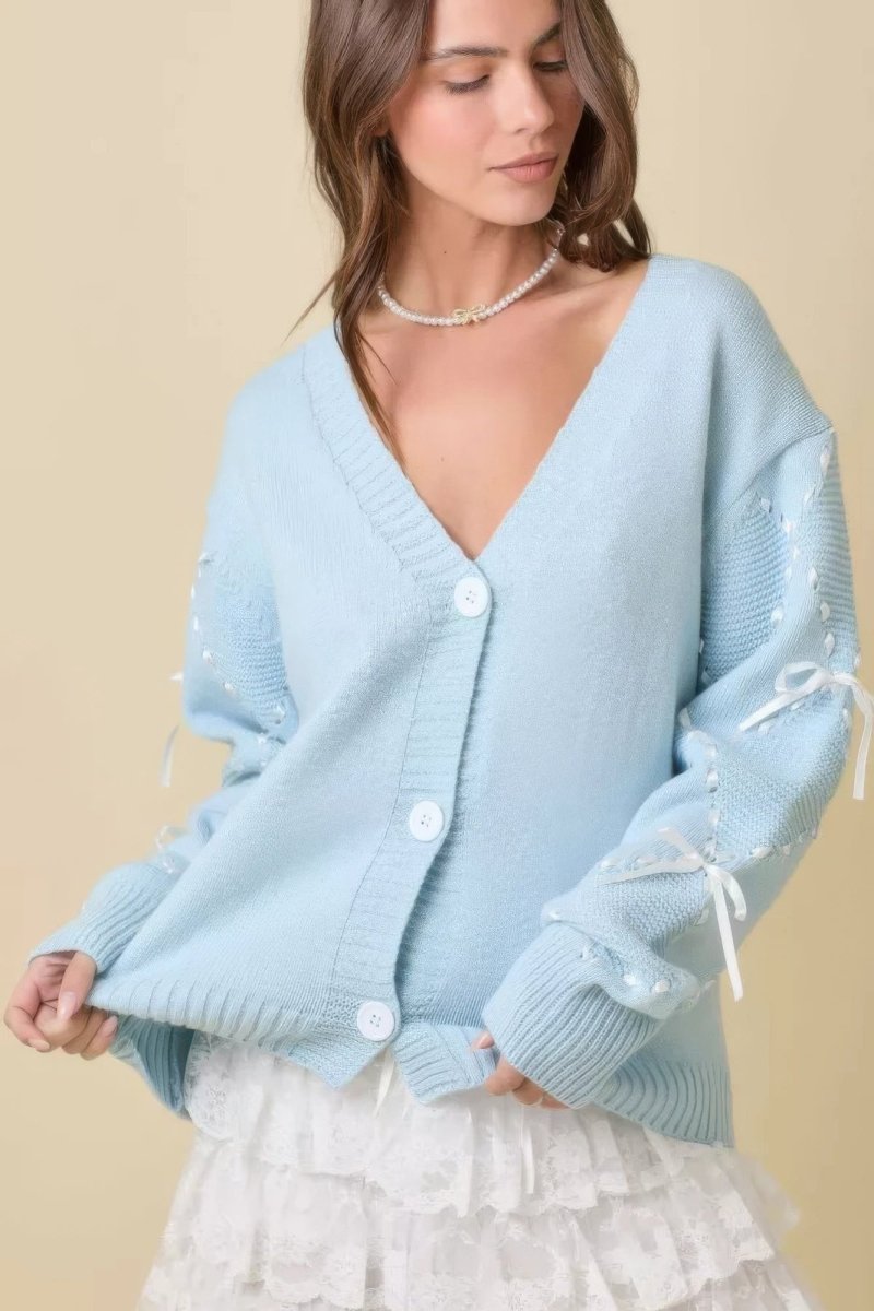 Hand Sewn Satin Ribbon Detail On Sleeve Cardigan - Demented Sisters