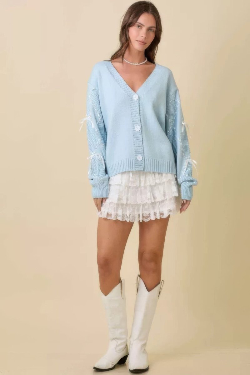 Hand Sewn Satin Ribbon Detail On Sleeve Cardigan - Demented Sisters