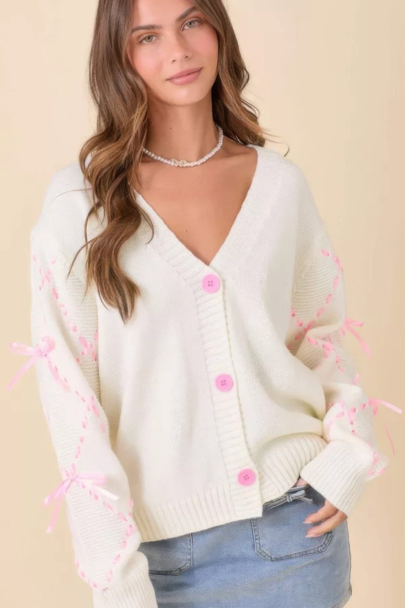 Hand Sewn Satin Ribbon Detail On Sleeve Cardigan - Demented Sisters