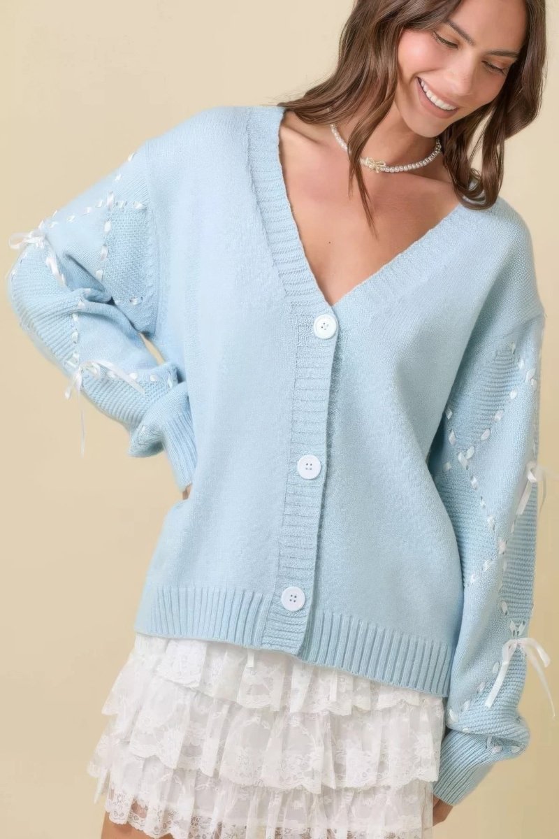 Hand Sewn Satin Ribbon Detail On Sleeve Cardigan - Demented Sisters