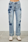 High Rise Star & Heart Patched Dad Jean W/stretch - Demented Sisters