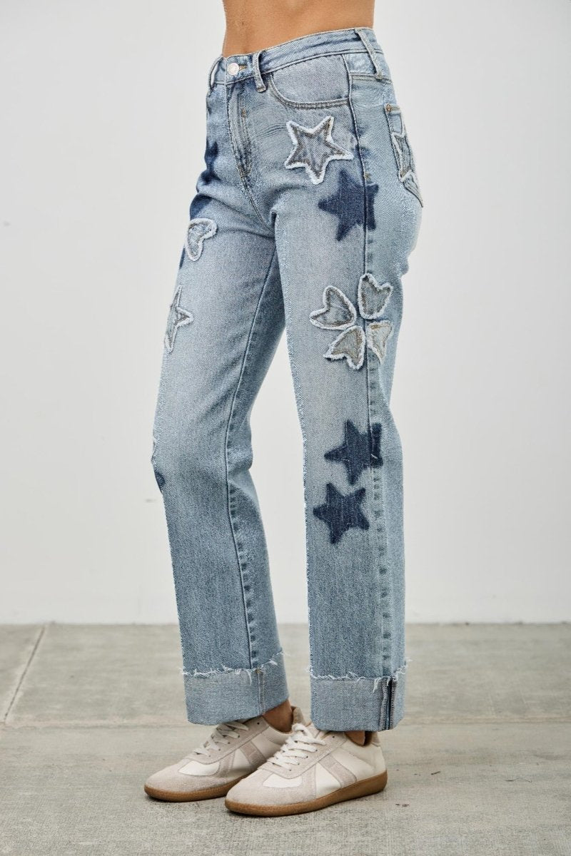 High Rise Star & Heart Patched Dad Jean W/stretch - Demented Sisters