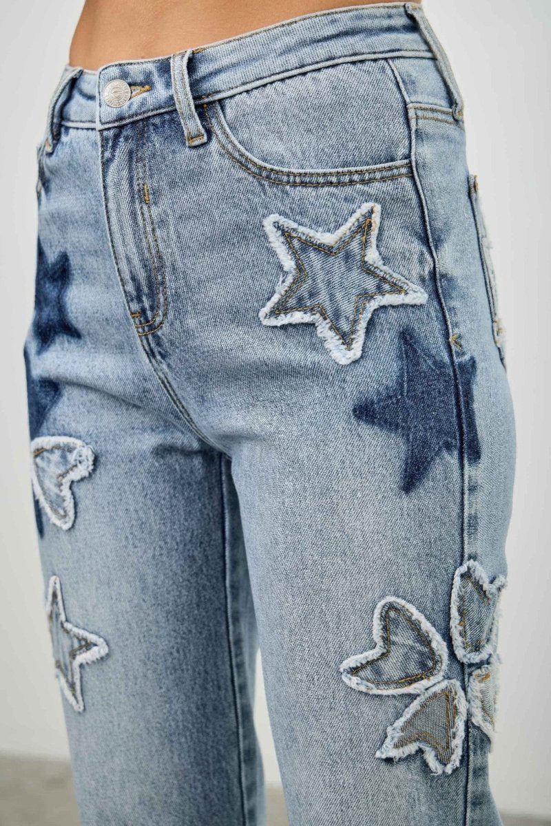 High Rise Star & Heart Patched Dad Jean W/stretch - Demented Sisters