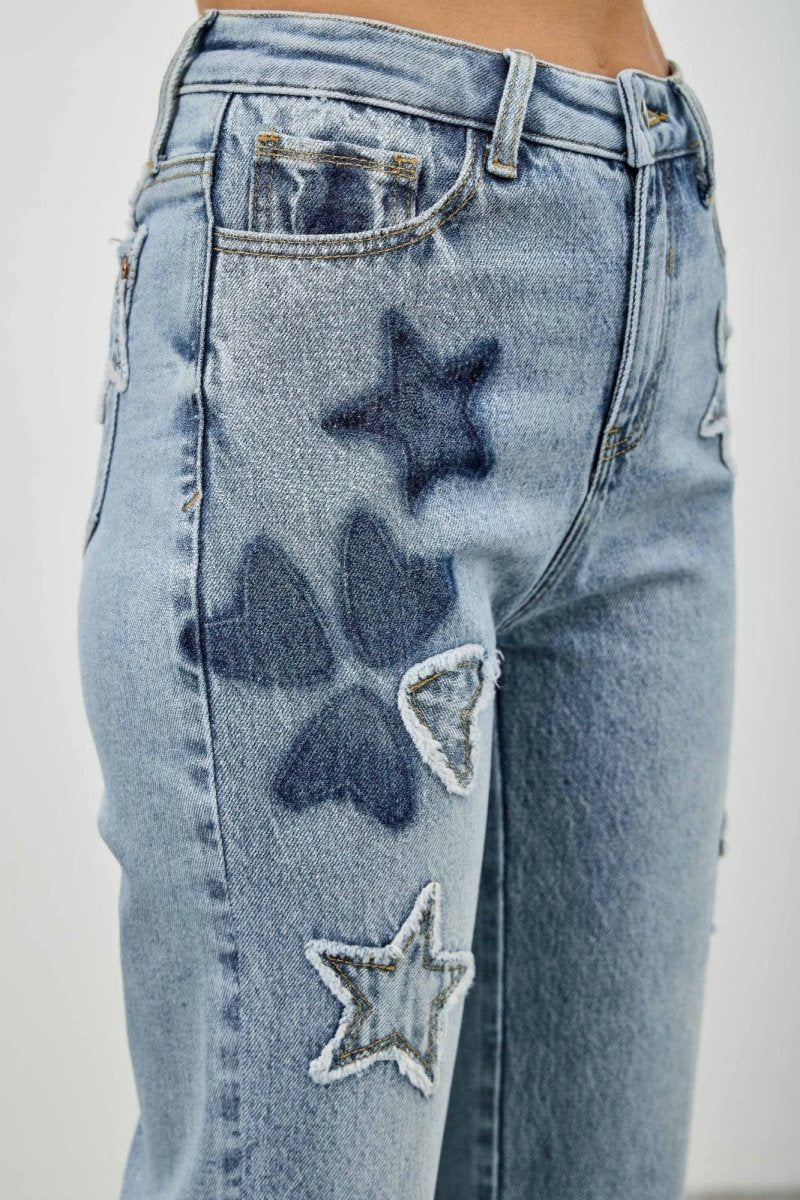 High Rise Star & Heart Patched Dad Jean W/stretch - Demented Sisters