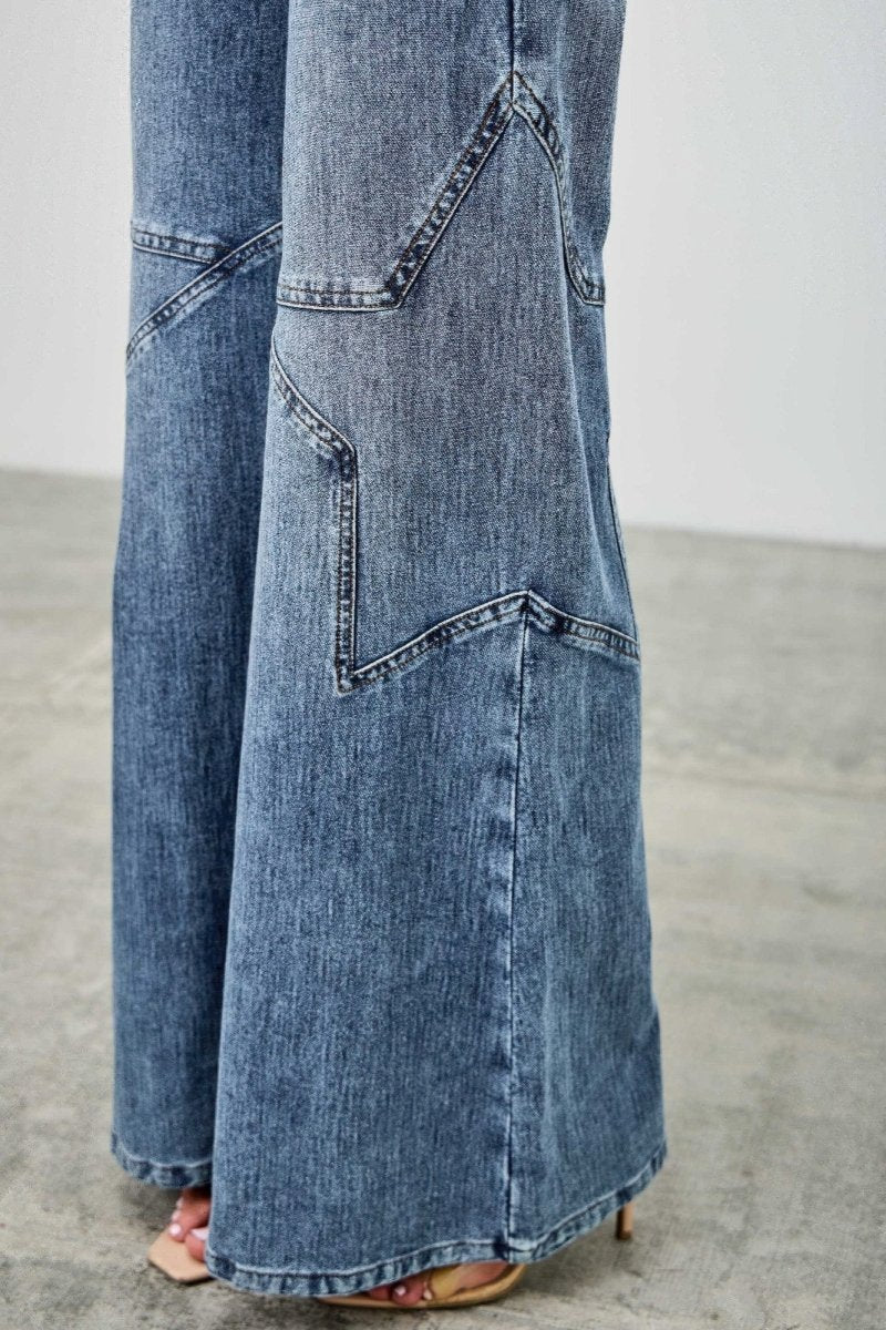 High Rise Star Pull On Knit Denim With Wide Leg - Demented Sisters