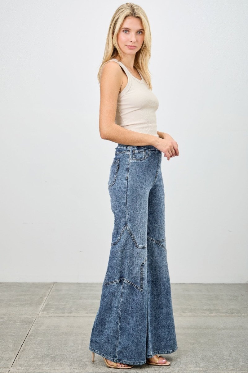 High Rise Star Pull On Knit Denim With Wide Leg - Demented Sisters