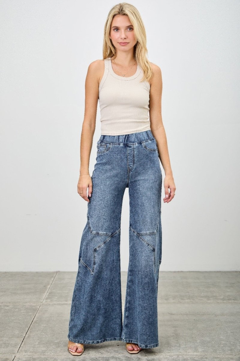 High Rise Star Pull On Knit Denim With Wide Leg - Demented Sisters