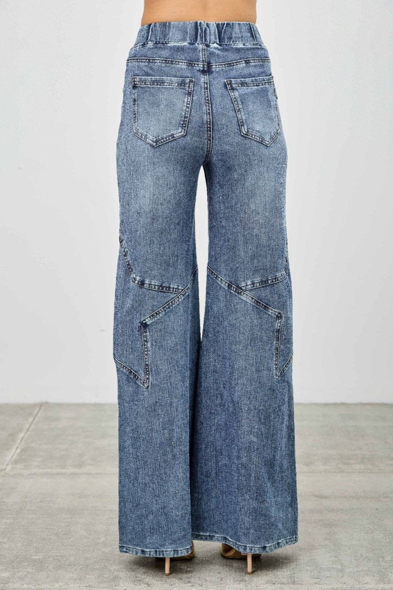 High Rise Star Pull On Knit Denim With Wide Leg - Demented Sisters