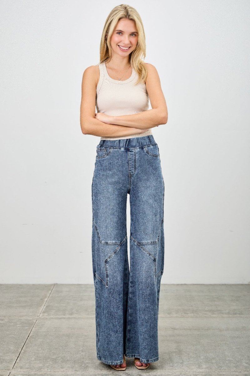 High Rise Star Pull On Knit Denim With Wide Leg - Demented Sisters