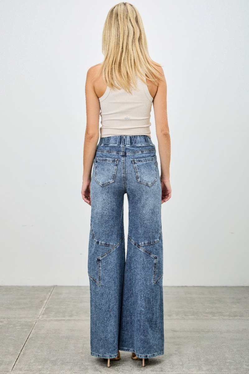 High Rise Star Pull On Knit Denim With Wide Leg - Demented Sisters