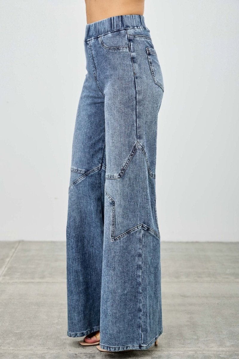 High Rise Star Pull On Knit Denim With Wide Leg - Demented Sisters