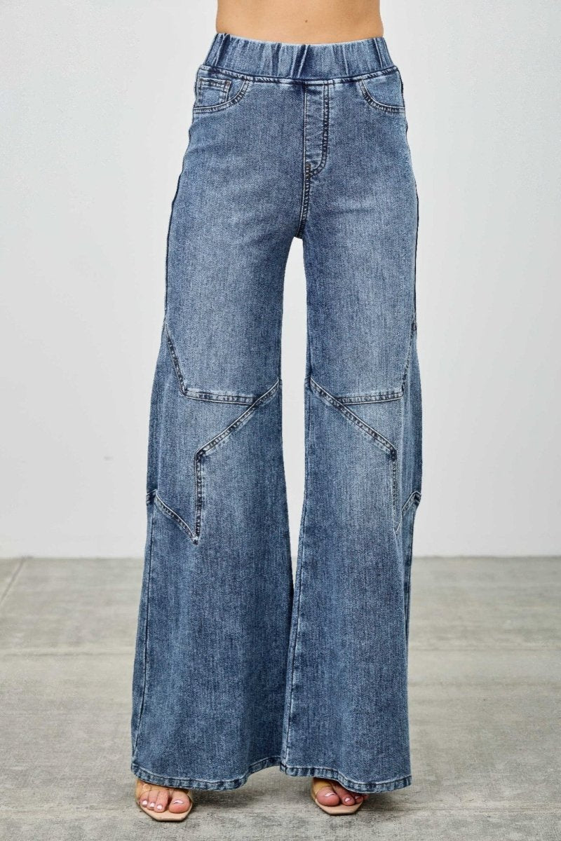 High Rise Star Pull On Knit Denim With Wide Leg - Demented Sisters