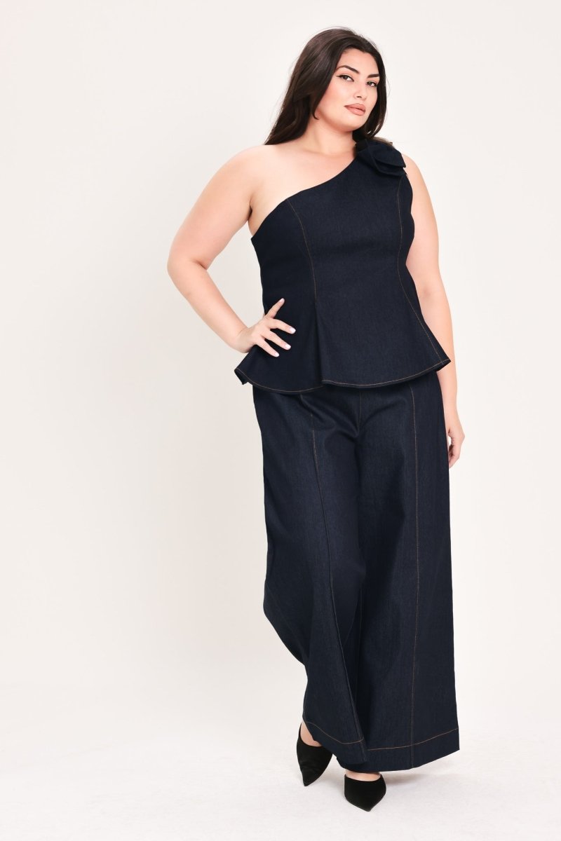 INDIGO BOW ONE SHOULDER DENIM TOP - Demented Sisters