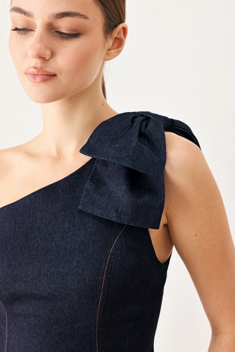 INDIGO BOW ONE SHOULDER DENIM TOP - Demented Sisters