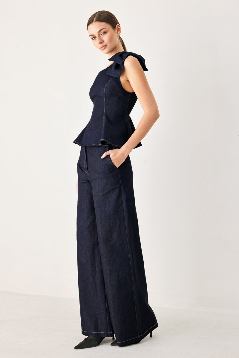 INDIGO BOW ONE SHOULDER DENIM TOP - Demented Sisters