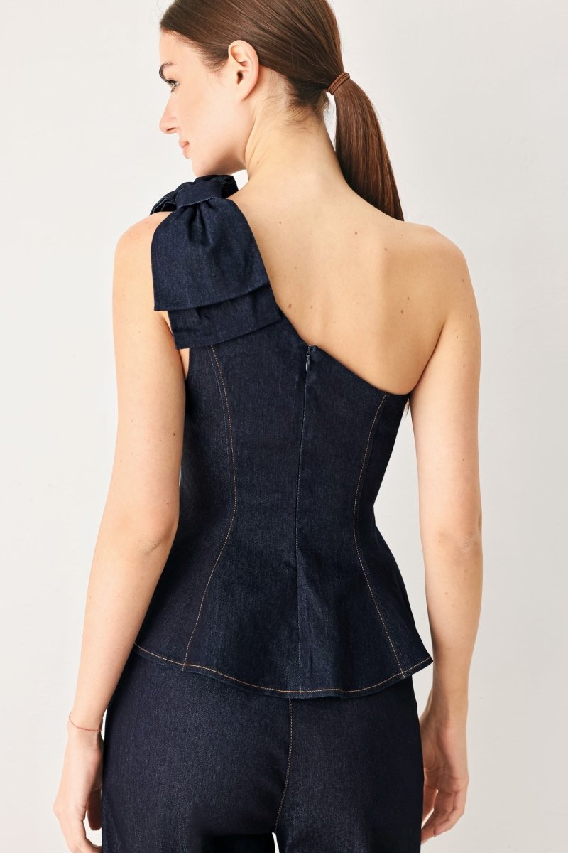 INDIGO BOW ONE SHOULDER DENIM TOP - Demented Sisters
