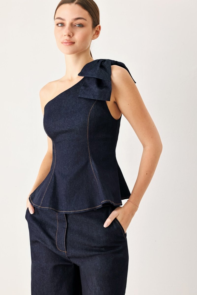 INDIGO BOW ONE SHOULDER DENIM TOP - Demented Sisters