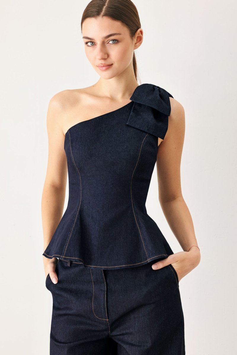 INDIGO BOW ONE SHOULDER DENIM TOP - Demented Sisters