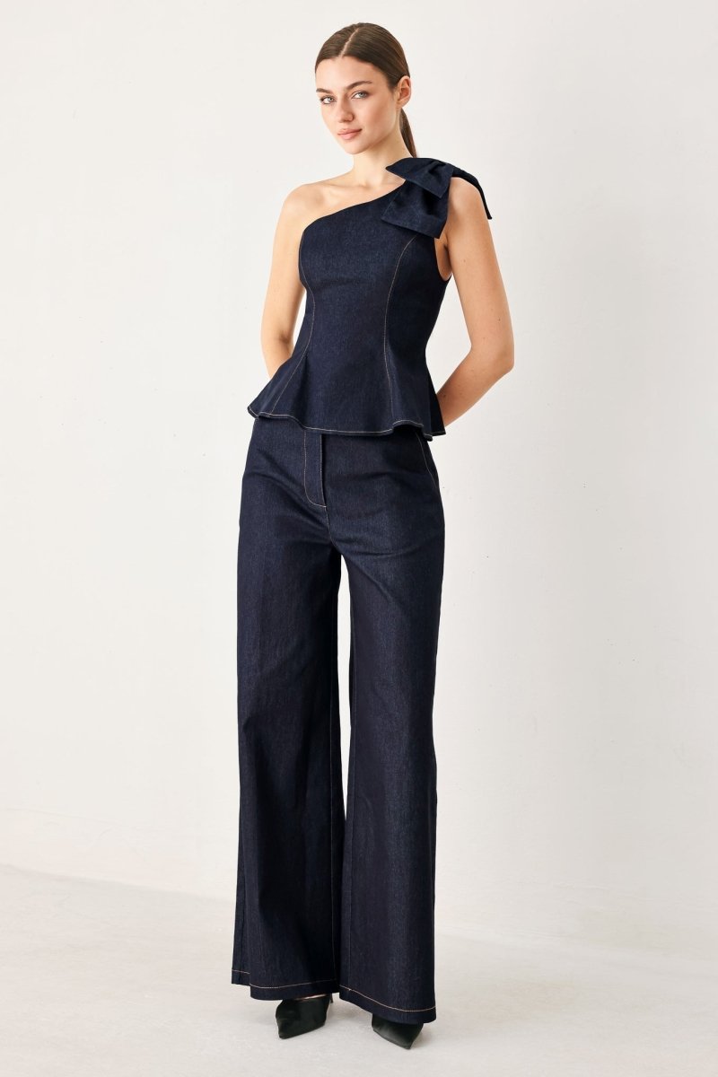 INDIGO BOW ONE SHOULDER DENIM TOP - Demented Sisters