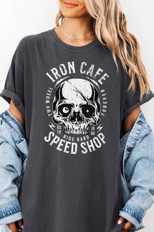 Iron Cafe, Ride Hard, Skull Garment Dye Tee - Demented Sisters